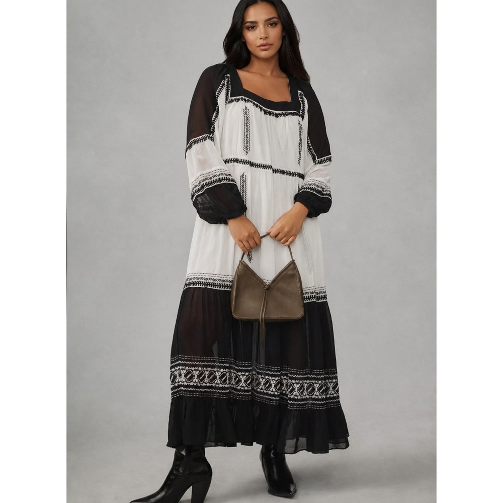 NWT Anthropologie Embroidered‎ Maxi Dress Black White Square Neck Plus 1X